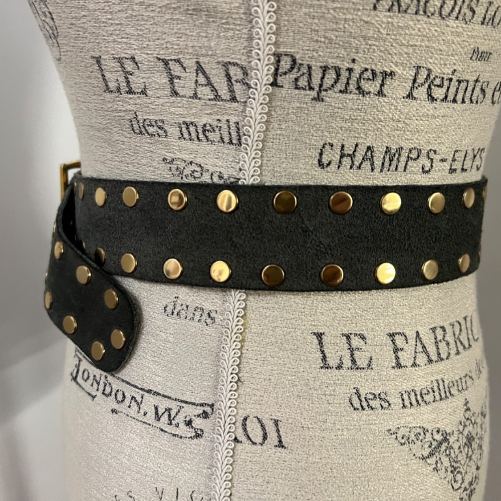 VINTAGE 80s Sage/Olive Suede Gold Tone Bling Studded Fashion Belt - unique! - Picture 4 of 14